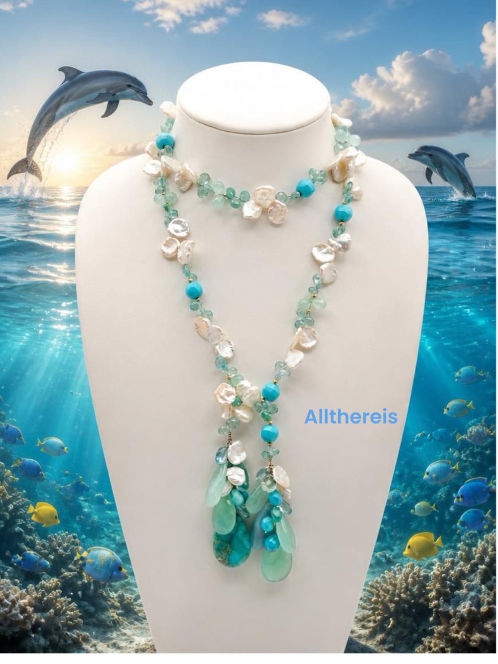 One of a kind 44” semiprecious stone necklace🩵🐬